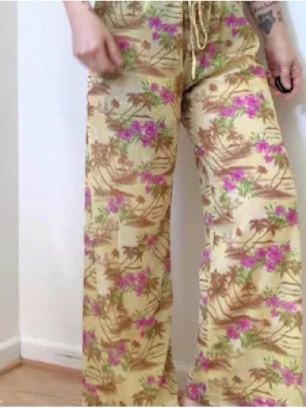 Women's Cream tropical Wide-Leg mesh Pants